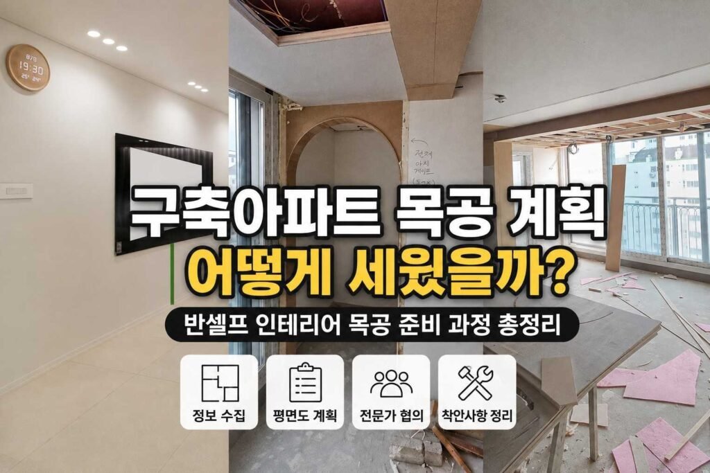완성된 거실과 아치문 시공 현장, 골조가 드러난 공간을 함께 보여주는 대표 사진