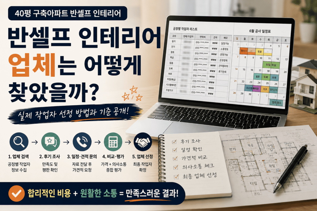 업체 리스트와 일정표가 띄워진 노트북 화면과 체크리스트, 평면도가 놓인 책상