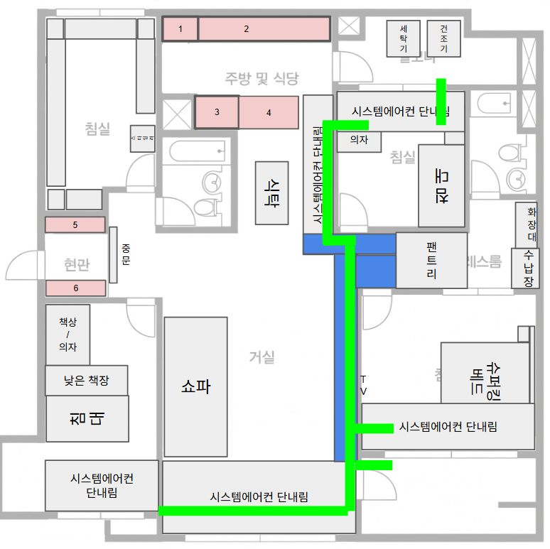 40평 구축 아파트 시스템 에어컨 설치를 위한 단내림 및 냉매 배관 계획도
