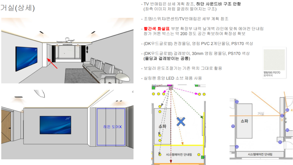 40평 구축 아파트 반셀프 인테리어 목공 계획도 중 거실 상세 계획