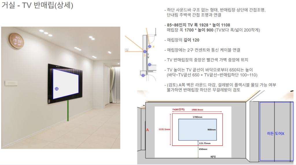 목수에게 목공 계획을 협의하기 위해 작성한 목공 계획서 중 거실 반매립장 상세 페이지