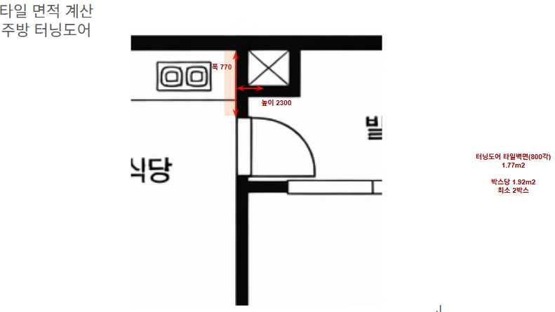 주방 터닝도어 벽면 타일 면적을 계산한 도면(1.77m2, 최소 2박스)
