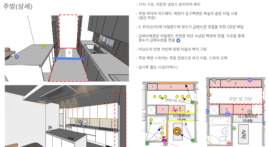 주방 아일랜드 바닥에 매립 배관을 계획한 계획도