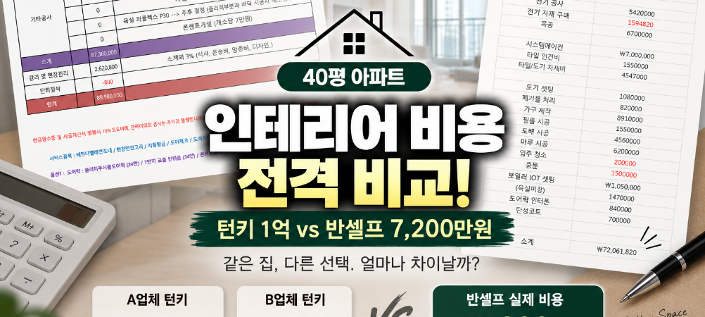 40평 아파트 인테리어 턴키 1억 vs 반셀프 7,200만원 실제 견적 비교