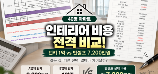 40평 아파트 인테리어 턴키 1억 vs 반셀프 7,200만원 실제 견적 비교