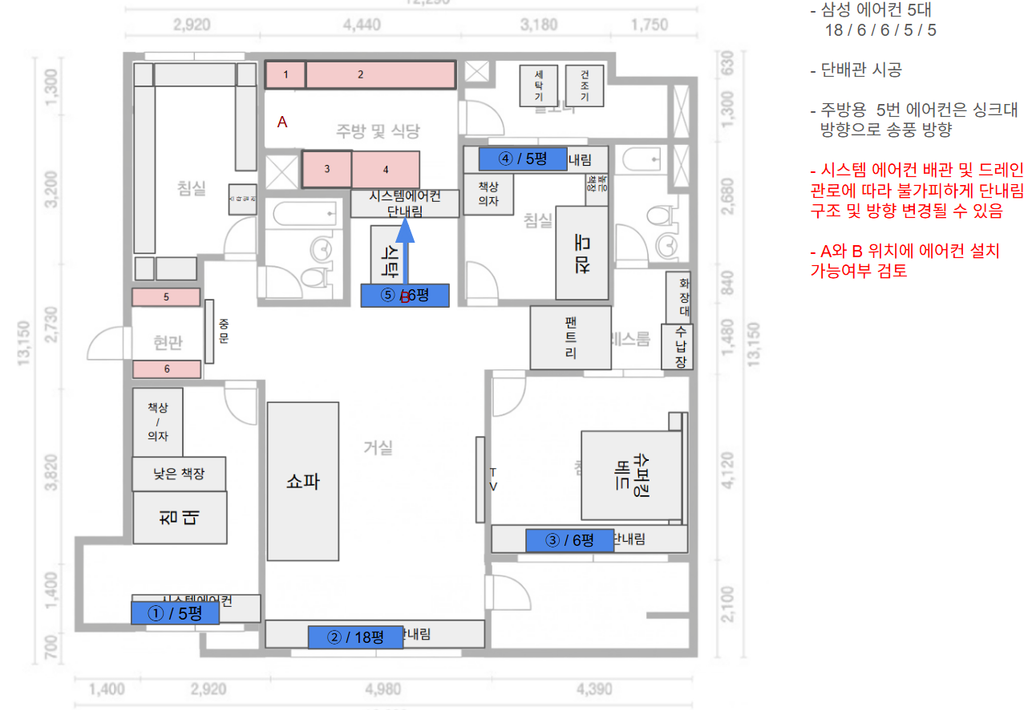 삼성 시스템에어컨 5대(18/6/6/5/5평형)의 방별 배치와 단내림 위치를 표시한 평면도